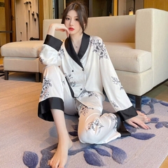 Bộ đồ ngủ áo len cardigan dài tay bằng lụa băng, phong cách Pháp cổ điển DN142250