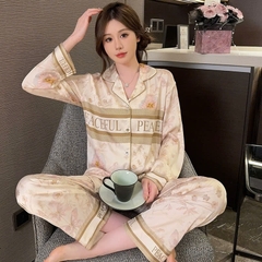 Bộ đồ ngủ mùa hè lụa băng dành cho nữ, quần dài tay, cao cấp DN143250