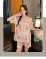 Bộ đồ ngủ lụa băng nữ cổ chữ V tay ngắn, bộ đồ ba mảnh kẻ sọc màu hồng DN144250