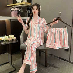 Bộ đồ ngủ lụa băng nữ cổ chữ V tay ngắn, bộ đồ ba mảnh kẻ sọc màu hồng DN144250