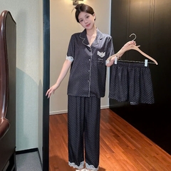 Bộ đồ ngủ ren chấm bi nữ cao cấp, ba mảnh, tay ngắn, quần dài thoải mái DN168250