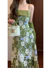 Váy ren hở lưng màu xanh lá & cardigan mỏng Set đồ nữ phong cách Pháp vừa ngọt ngào vừa cá tính D140250