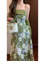 Váy ren hở lưng màu xanh lá & cardigan mỏng Set đồ nữ phong cách Pháp vừa ngọt ngào vừa cá tính D140250
