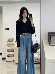 Set đồ sơ mi đen + quần jeans nữ 2025 D174250