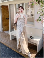 Bộ vest nữ đầu hè 2025 cỡ lớn | Váy yếm ren giấu dáng phong cách Pháp – che bụng – sang trọng, thoải mái  D177250