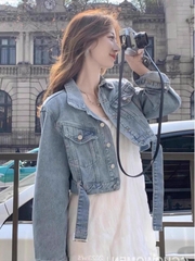 Set áo khoác denim phong cách Chanel + váy trắng | Cardigan nữ mùa xuân form rộng, dày dặn, sang trọng D179250