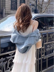 Set áo khoác denim phong cách Chanel + váy trắng | Cardigan nữ mùa xuân form rộng, dày dặn, sang trọng D179250