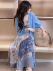 Set áo cardigan xanh + váy yếm Bohemian Pháp | Bộ đồ xuân nữ mũm mĩm che bụng  D180250