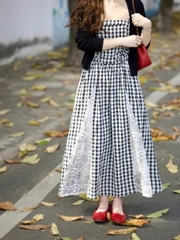 Bộ trang phục phong cách Hàn Quốc 2025 Áo khoác cardigan váy kẻ caro phối ren hai dây D185250