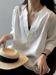 Áo Sơ Mi Vải Lanh Trắng Nữ Tay Lửng Cổ Chữ V – Phong Cách Cổ Điển, Dáng Rộng Mùa Hè  D199250