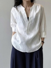 Áo Sơ Mi Vải Lanh Trắng Nữ Tay Lửng Cổ Chữ V – Phong Cách Cổ Điển, Dáng Rộng Mùa Hè  D199250