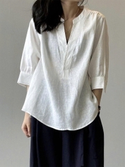 Áo Sơ Mi Vải Lanh Trắng Nữ Tay Lửng Cổ Chữ V – Phong Cách Cổ Điển, Dáng Rộng Mùa Hè  D199250
