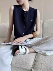 Áo Len Cardigan Dệt Kim Không Tay Nữ 2025 – Xanh Navy Cao Cấp D204250