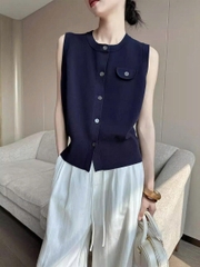 Áo Len Cardigan Dệt Kim Không Tay Nữ 2025 – Xanh Navy Cao Cấp D204250