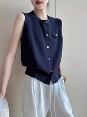 Áo Len Cardigan Dệt Kim Không Tay Nữ 2025 – Xanh Navy Cao Cấp D204250