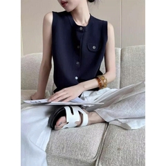 Áo Len Cardigan Dệt Kim Không Tay Nữ 2025 – Xanh Navy Cao Cấp D204250