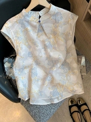 Áo sơ mi nữ không tay thêu hoa jacquard cổ đứng – Phong cách Trung Hoa Thiền Tông 2025 D224250