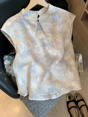 Áo sơ mi nữ không tay thêu hoa jacquard cổ đứng – Phong cách Trung Hoa Thiền Tông 2025 D224250