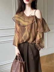 Áo sơ mi voan dài tay lệch vai họa tiết lá sen lớn – Thu 2025 D232250