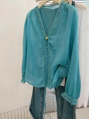 Áo sơ mi chống nắng tay dài cổ chữ V phong cách Trung Hoa – Ramie cao cấp 2025 D233250