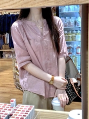 Áo sơ mi cotton & vải lanh tay ngắn nữ – màu hồng, mỏng nhẹ, thoáng mát (2025) D235250