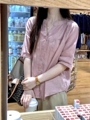 Áo sơ mi cotton & vải lanh tay ngắn nữ – màu hồng, mỏng nhẹ, thoáng mát (2025) D235250