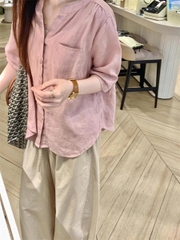 Áo sơ mi cotton & vải lanh tay ngắn nữ – màu hồng, mỏng nhẹ, thoáng mát (2025) D235250