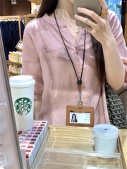 Áo sơ mi cotton & vải lanh tay ngắn nữ – màu hồng, mỏng nhẹ, thoáng mát (2025) D235250