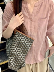 Áo sơ mi cotton & vải lanh tay ngắn nữ – màu hồng, mỏng nhẹ, thoáng mát (2025) D235250