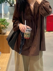 Áo sơ mi nâu nữ xuân thu 2025 dáng rộng thoải mái D237250