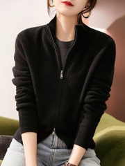 Áo len cardigan dệt kim cổ đứng 2 khóa kéo – Thời trang nữ thu 2025 D245250