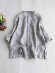 Áo sơ mi vải lanh nữ màu xám đậm – Mùa hè 2025 D252250