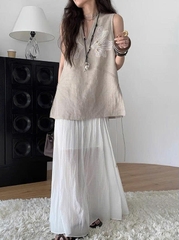 Áo vải lanh cổ chữ V thêu phong cách cổ điển – Mùa hè 2025 D216250