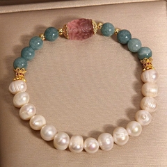 Vòng tay pha lê ngọc trai nước ngọt xanh lam tự nhiên cho nữ, sang trọng tinh tế, điểm xuyết fluorite passepartout TS170250