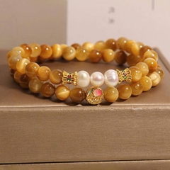 Vòng tay nữ đính ngọc trai nước ngọt sang trọng, tinh tế kết hợp đá mắt hổ vàng – Vòng tay phong thủy cao cấp TS166250