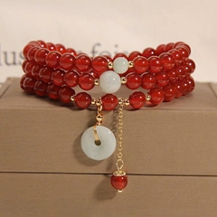 Vòng tay nhiều lớp đá mã não đỏ nữ tính, mặt khóa ngọc bích phong cách cổ điển TS164250