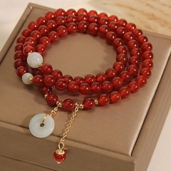 Vòng tay nhiều lớp đá mã não đỏ nữ tính, mặt khóa ngọc bích phong cách cổ điển TS164250