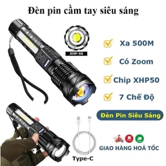 Đèn pin cầm tay siêu sáng Corisu A76 chiếu xa 300m có Zoom, chống nước IPX4, pin trâu chip COB Led tâm tròn 7 chế độ sáng