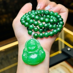 Chuỗi Cổ Ngọc Cẩm Thạch 8.5mm Mặt Phật Di Lặc Thạch Anh Xanh – Bình An & Tài Lộc