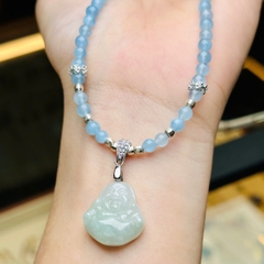 Chuỗi Cổ Aquamarine Mix Charm Bạc Phủ Vàng & Mặt Phật Di Lặc Cẩm Thạch – Tâm An & Tài Lộc