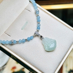 Chuỗi Cổ Aquamarine Mix Charm Bạc Phủ Vàng & Mặt Phật Di Lặc Cẩm Thạch – Tâm An & Tài Lộc