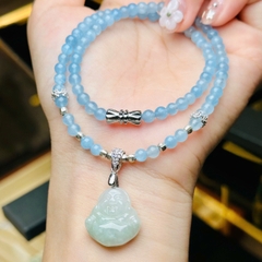 Chuỗi Cổ Aquamarine Mix Charm Bạc Phủ Vàng & Mặt Phật Di Lặc Cẩm Thạch – Tâm An & Tài Lộc