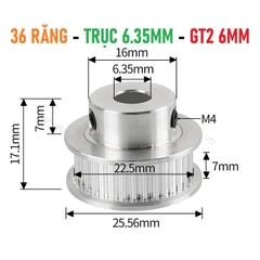 Pulley GT2 36 răng bản 6mm trục 6.35mm