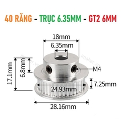 Pulley GT2 40 răng bản 6mm - Trục 5mm, 6.35mm, 8mm