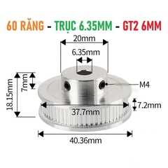 Pulley GT2 60 răng bản 6mm trục 6.35mm