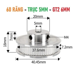 Pulley GT2 60 răng bản 6mm - Trục 5mm, 6.35mm, 8mm