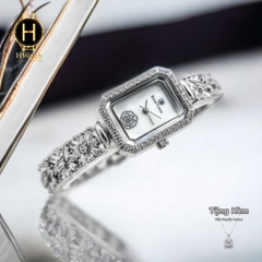 Đồng Hồ Nữ Royal Quartz 2032 Dây Thép Trắng Mặt Trắng Viền Đá