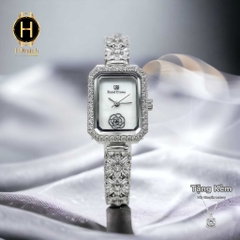 Đồng Hồ Nữ Royal Quartz 2032 Dây Thép Trắng Mặt Trắng Viền Đá