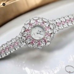 Đồng Hồ Nữ Royal Crown Quartz 2035 Thép Trắng Đá Hồng