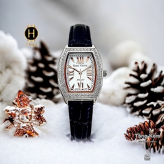 Đồng Hồ Nữ Royal Quartz 3635 Dây Da Đen Mặt Trắng Viền Đá